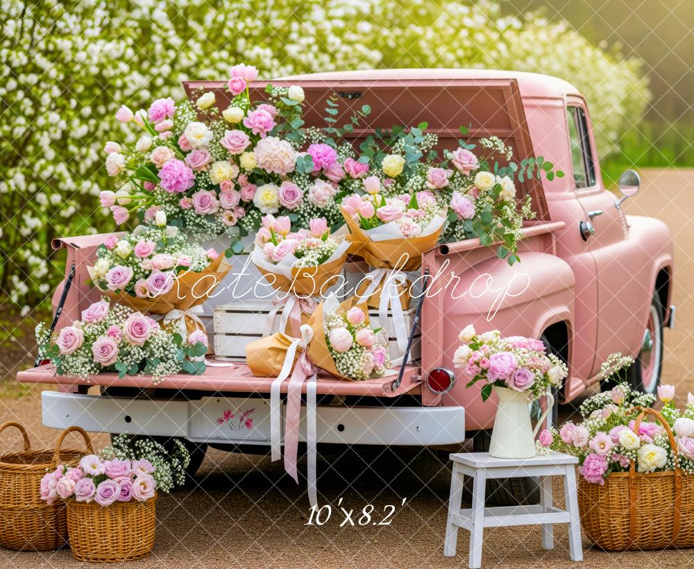 Kate Truck Pink Flowers Baskets Fleece Backdrop Designed by Patty Robert - Image 3