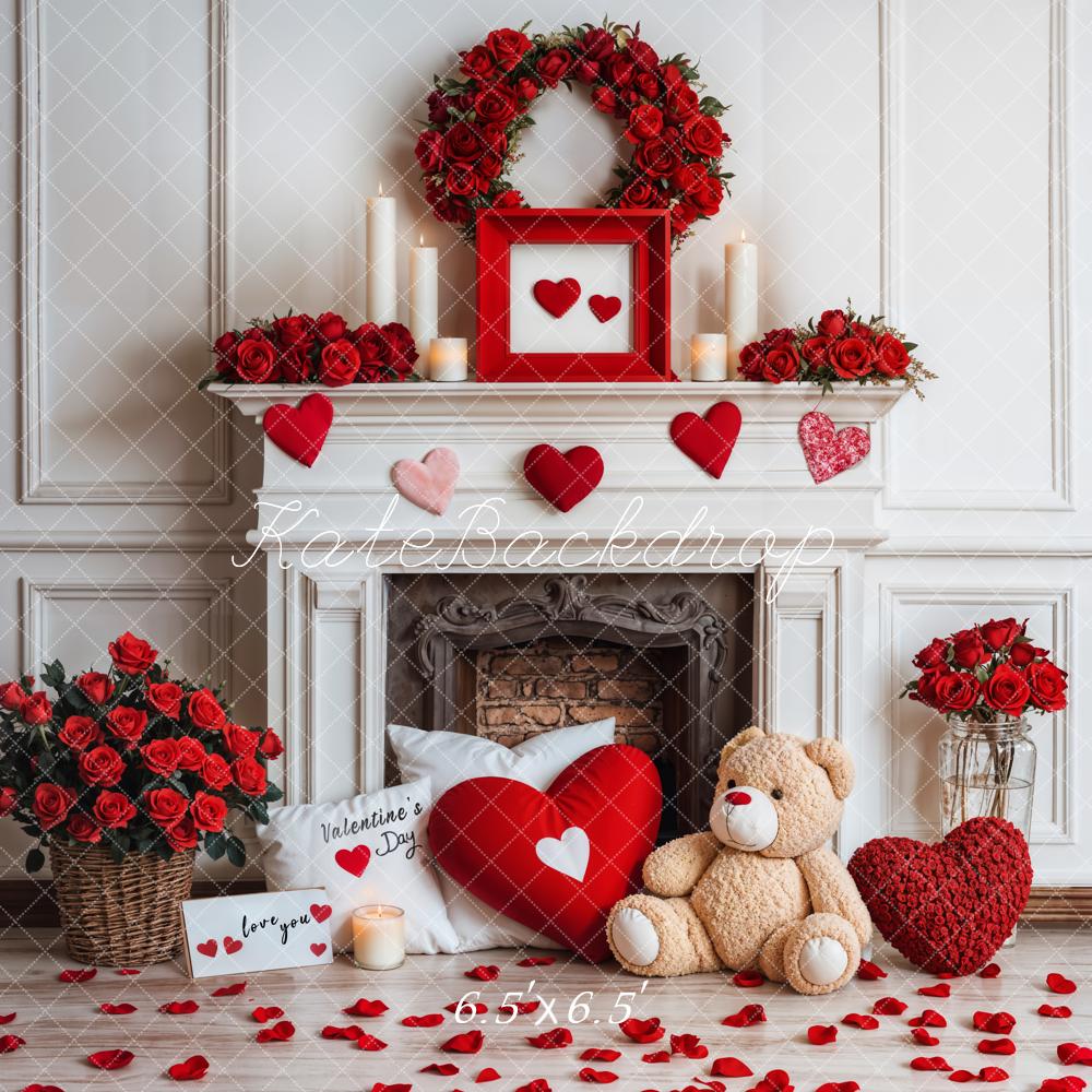 Kate Valentine Fireplace Teddy Bear Roses Backdrop Designed by Emetselch - Image 2