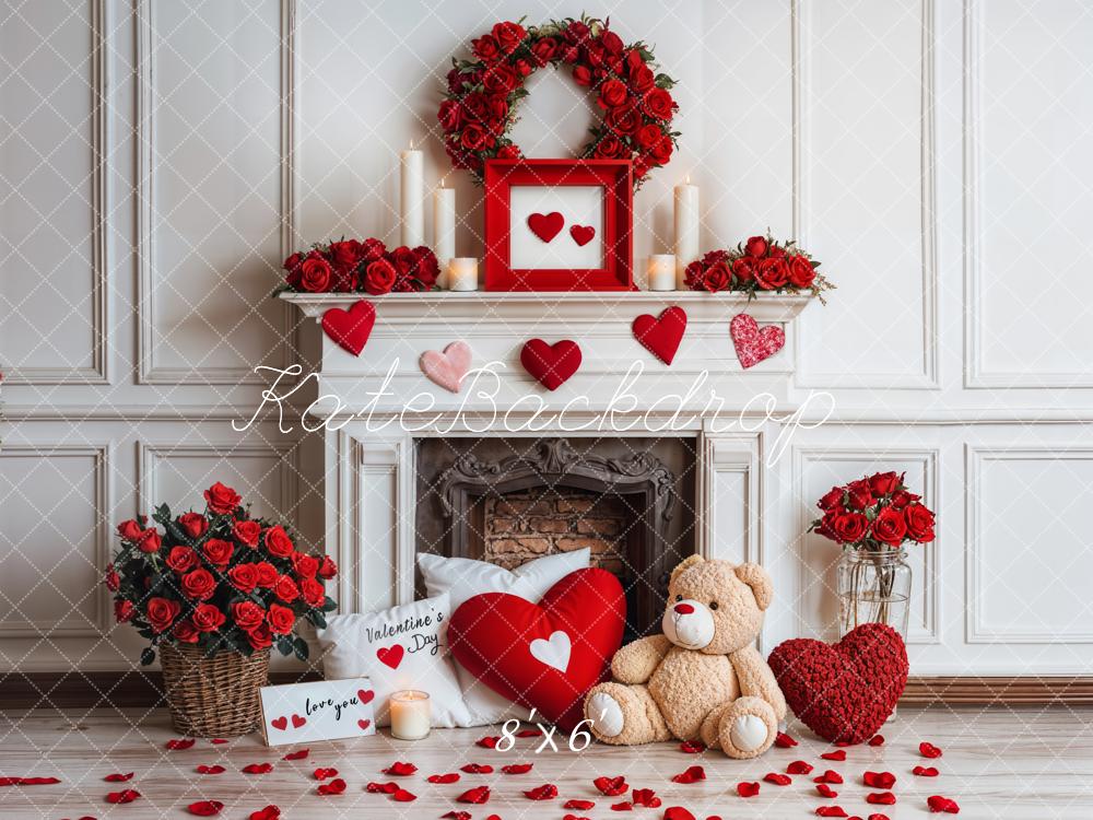 Kate Valentine Fireplace Teddy Bear Roses Backdrop Designed by Emetselch - Image 3