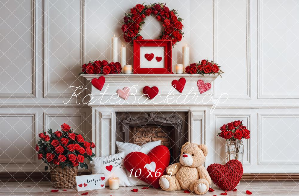 Kate Valentine Fireplace Teddy Bear Roses Backdrop Designed by Emetselch - Image 4
