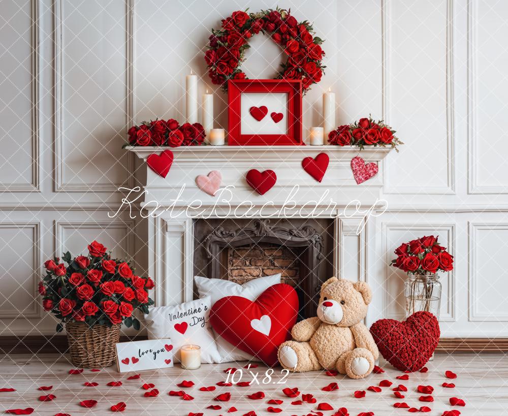 Kate Valentine Fireplace Teddy Bear Roses Backdrop Designed by Emetselch - Image 5