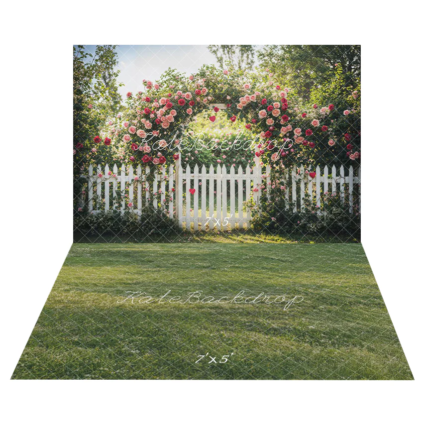 Kate Valentine Flower Arch Garden Fence Backdrop+Green Grass Floor Backdrop
