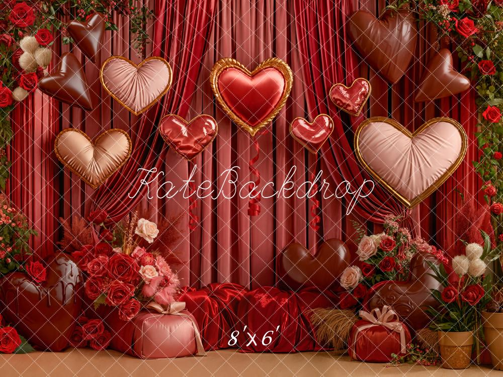 Kate Valentine Heart Balloons Roses Red Curtains Backdrop Designed by Emetselch - Image 3