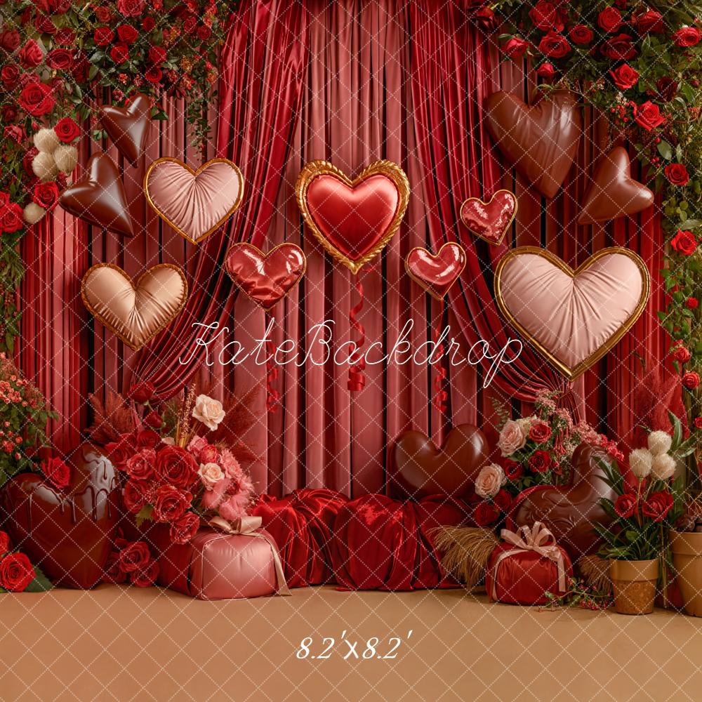 Kate Valentine Heart Balloons Roses Red Curtains Backdrop Designed by Emetselch - Image 5