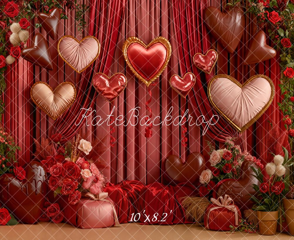 Kate Valentine Heart Balloons Roses Red Curtains Backdrop Designed by Emetselch - Image 6