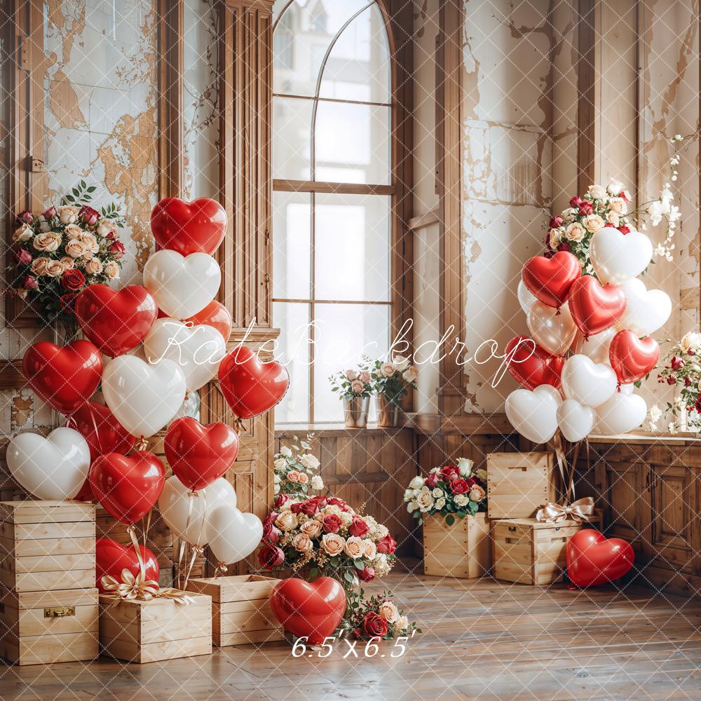 Kate Valentine Heart Balloons Wooden Vintage Backdrop Designed by Emetselch - Image 2