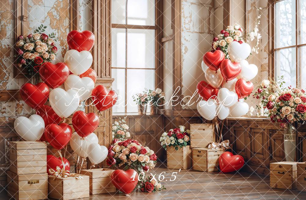 Kate Valentine Heart Balloons Wooden Vintage Backdrop Designed by Emetselch - Image 4