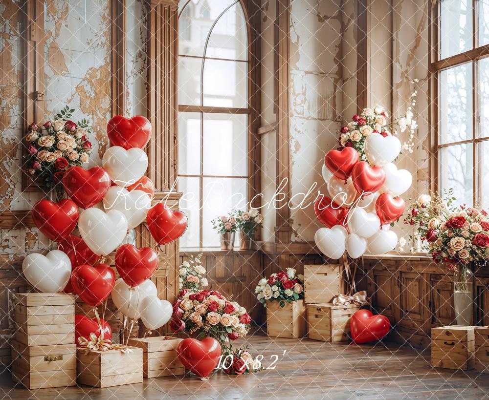 Kate Valentine Heart Balloons Wooden Vintage Backdrop Designed by Emetselch - Image 5