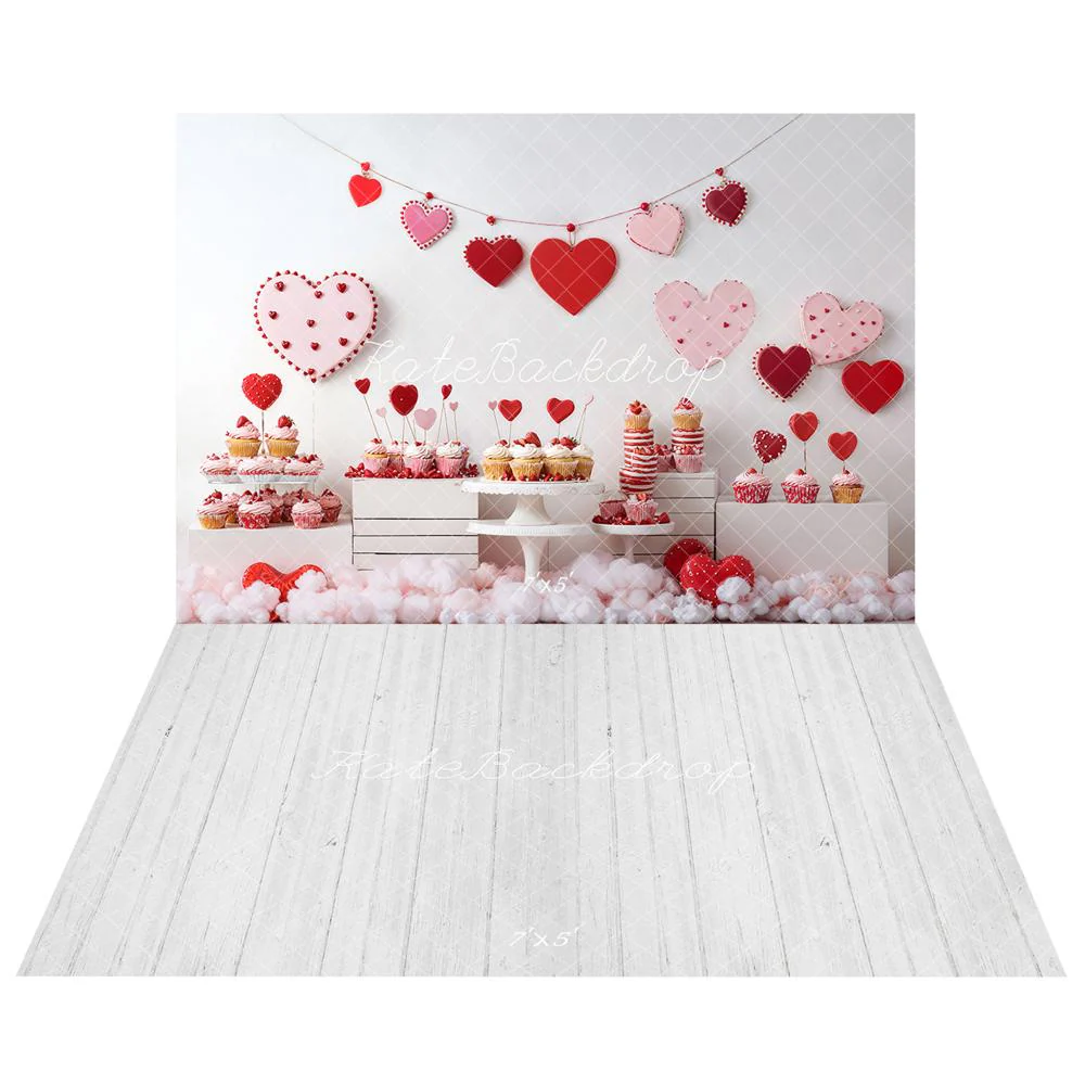Kate Valentine Heart Dessert Cupcake Backdrop+White Gray Wood Floor Backdrop - Image 2