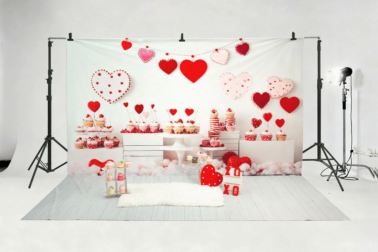 Kate Valentine Heart Dessert Cupcake Backdrop+White Gray Wood Floor Backdrop - Image 4