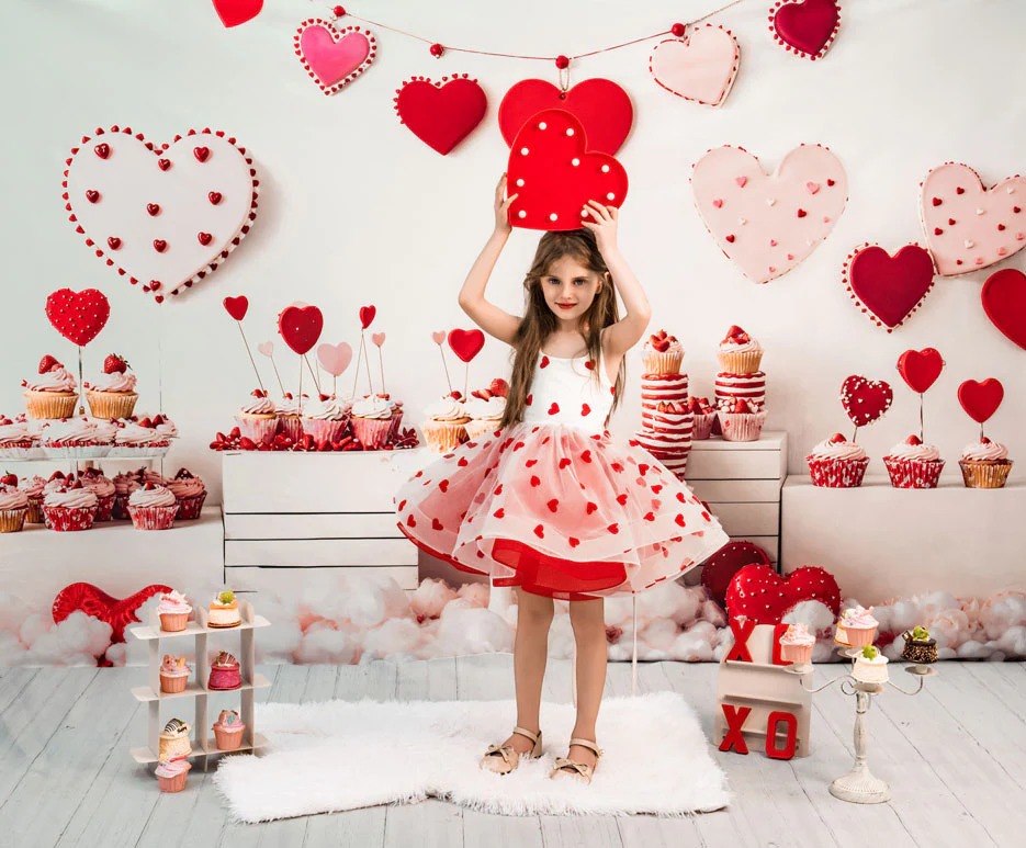 Kate Valentine Heart Dessert Cupcake Backdrop+White Gray Wood Floor Backdrop - Image 5