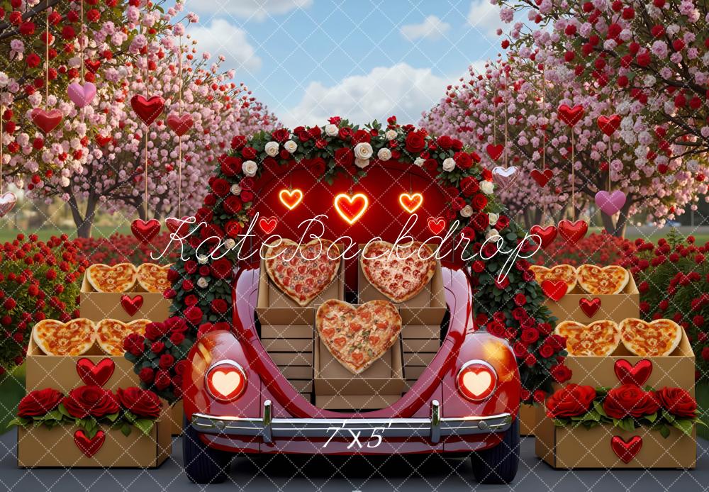 Kate Valentine Heart Pizza Car Blossom Backdrop Designed by Mini MakeBelieve