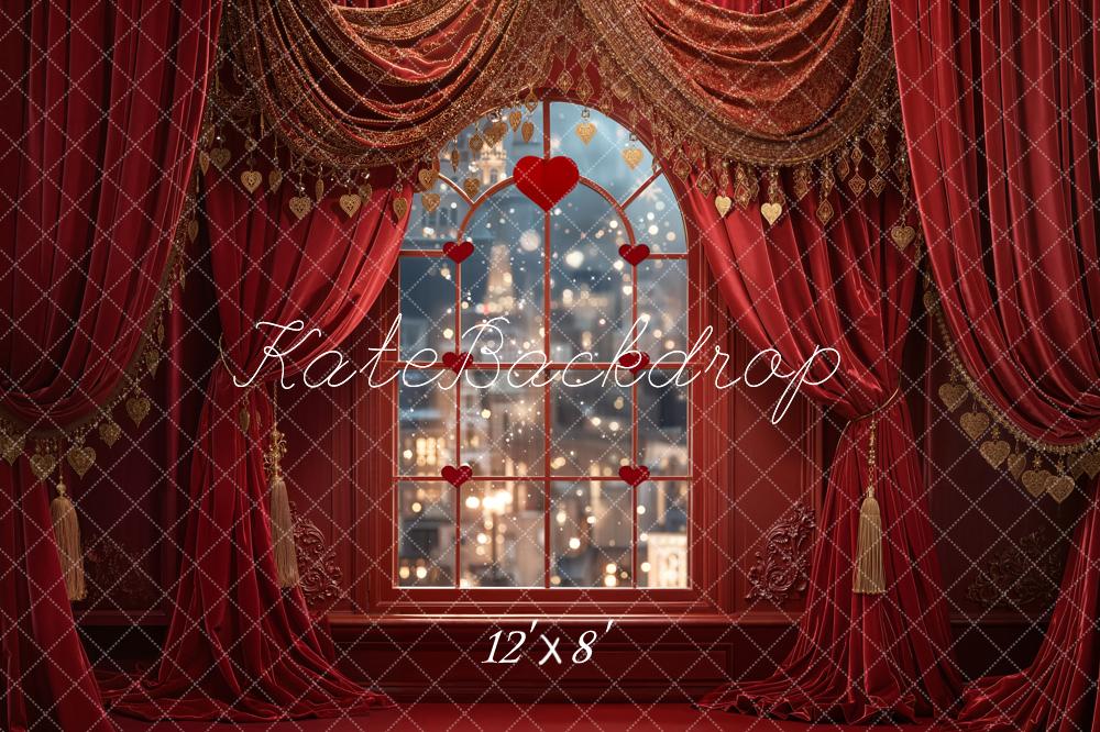 Kate Valentine Heart Window Red Curtains Fleece Backdrop Designed by Emetselch - Image 4