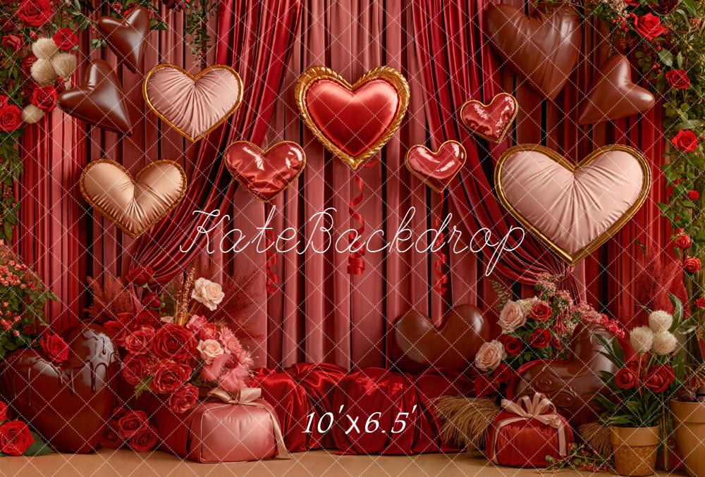 Kate Valentine Hearts Floral Red Curtains Fleece Backdrop Designed by Emetselch - Image 2