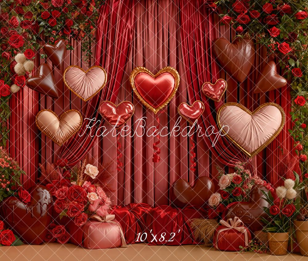 Kate Valentine Hearts Floral Red Curtains Fleece Backdrop Designed by Emetselch - Image 3