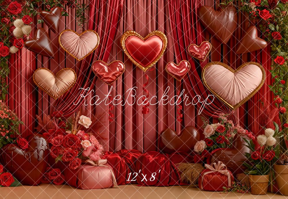 Kate Valentine Hearts Floral Red Curtains Fleece Backdrop Designed by Emetselch - Image 4