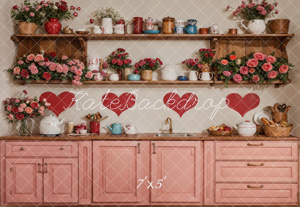 Kate Valentine Kitchen Floral Red Heart Backdrop Designed by Emetselch - Image 2