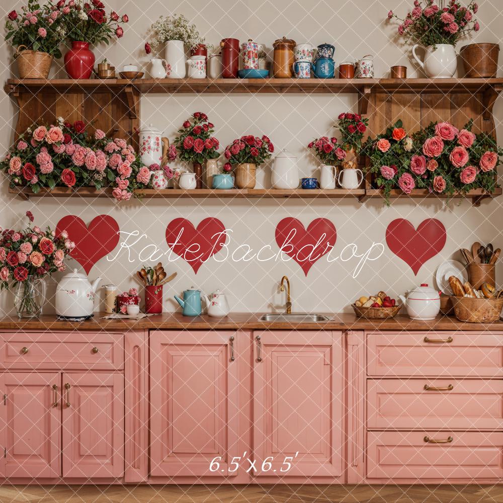 Kate Valentine Kitchen Floral Red Heart Backdrop Designed by Emetselch - Image 5