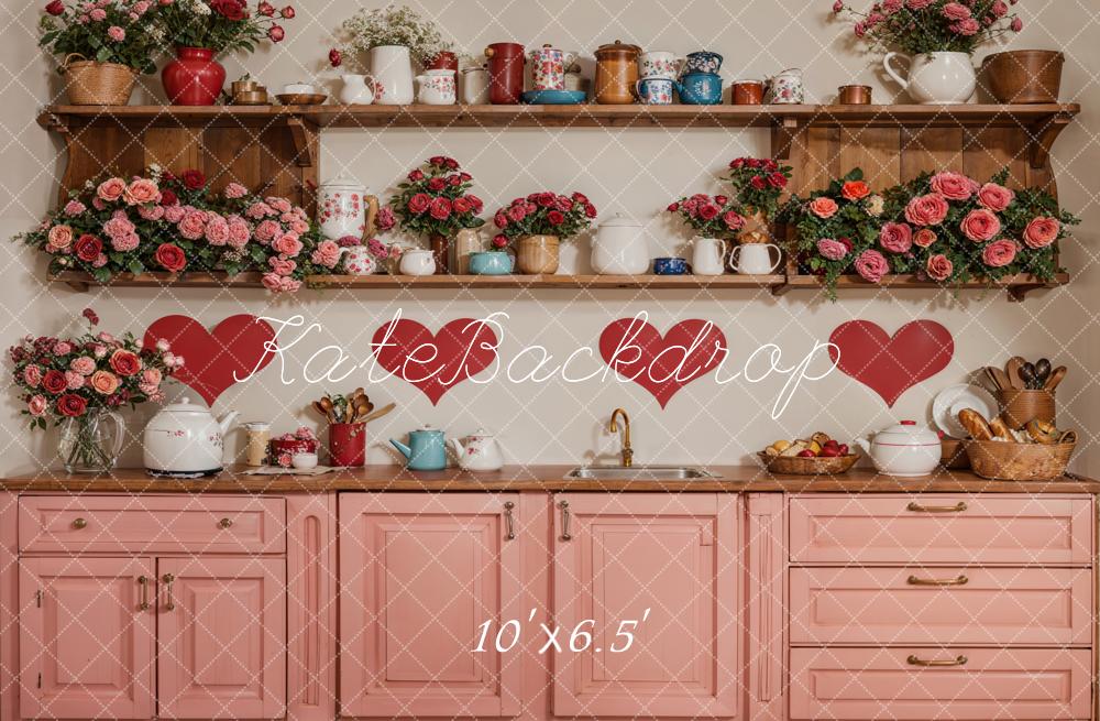 Kate Valentine Kitchen Floral Red Heart Backdrop Designed by Emetselch - Image 6