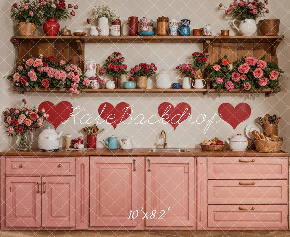 Kate Valentine Kitchen Floral Red Heart Backdrop Designed by Emetselch - Image 7