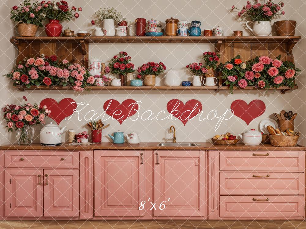 Kate Valentine Kitchen Floral Red Heart Backdrop Designed by Emetselch - Image 8