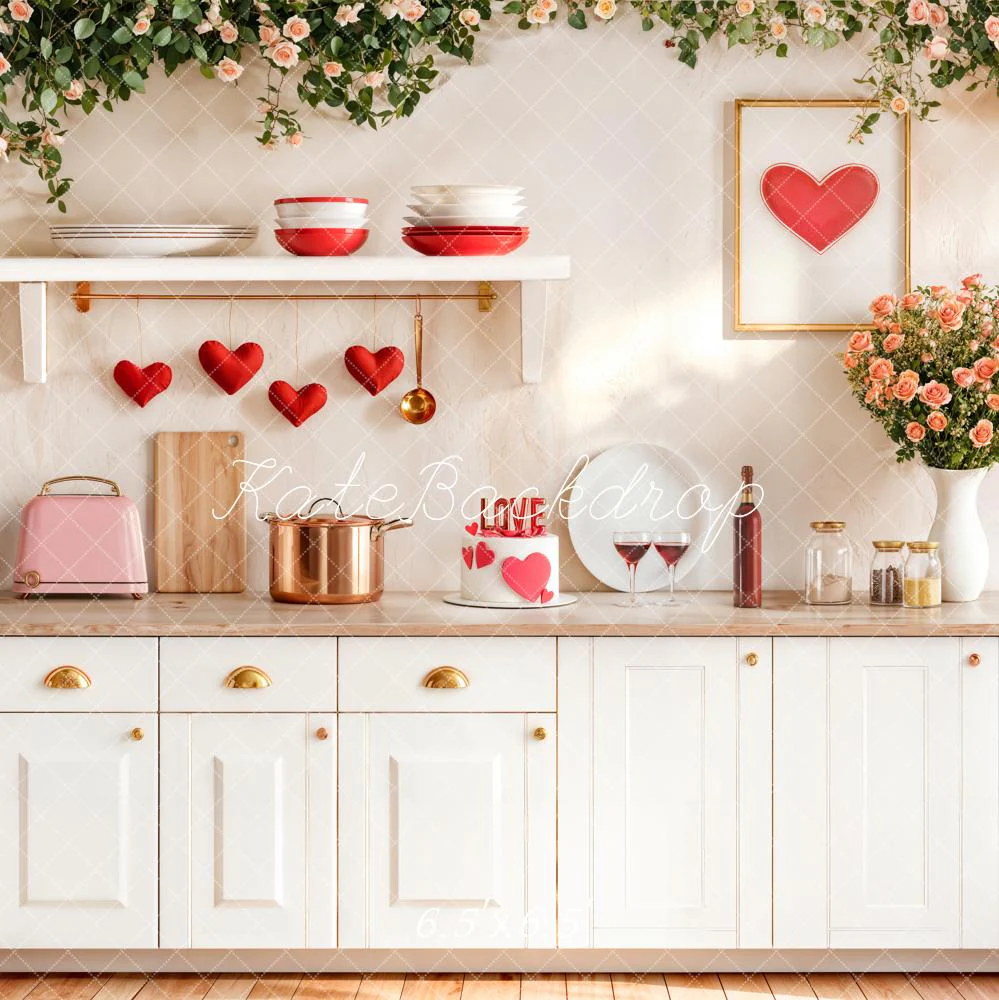 Kate Valentine White Kitchen Hearts Roses Backdrop Designed by Emetselch - Image 2