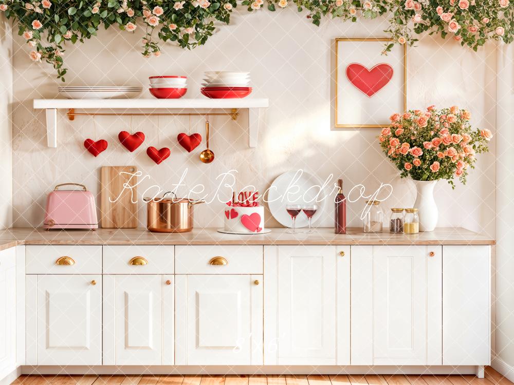 Kate Valentine White Kitchen Hearts Roses Backdrop Designed by Emetselch - Image 3