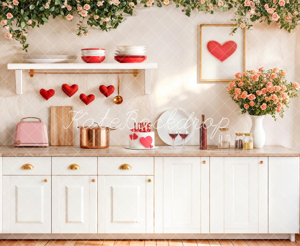 Kate Valentine White Kitchen Hearts Roses Backdrop Designed by Emetselch - Image 6