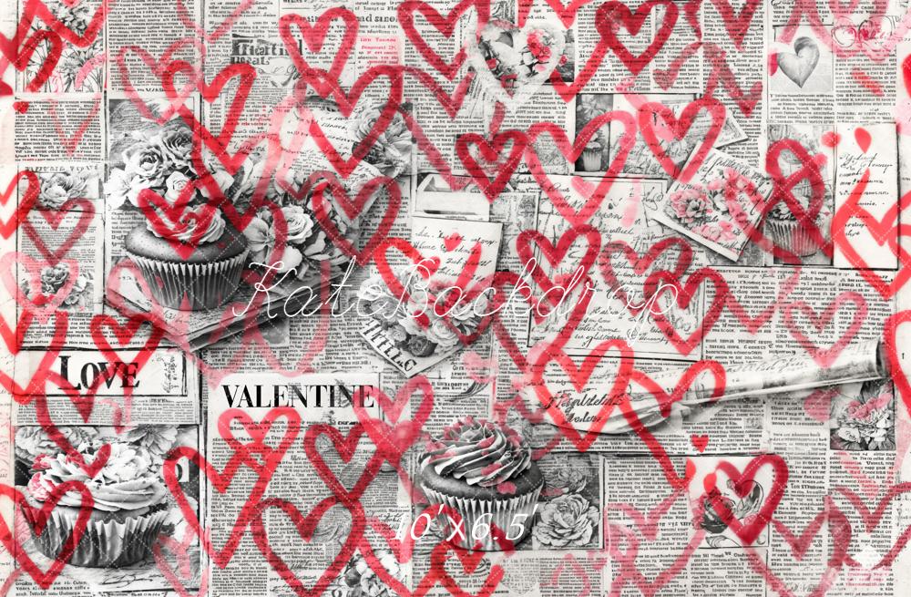 Kate Valentine Newspaper Cupcakes Red Hearts Fleece Backdrop Designed by Emetselch - Image 2