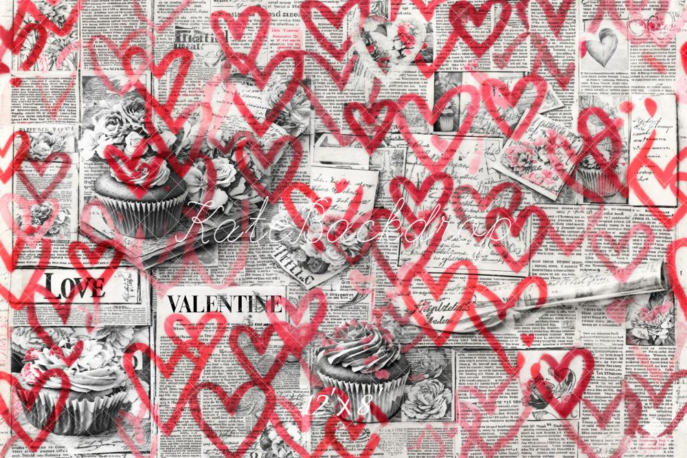 Kate Valentine Newspaper Cupcakes Red Hearts Fleece Backdrop Designed by Emetselch - Image 4