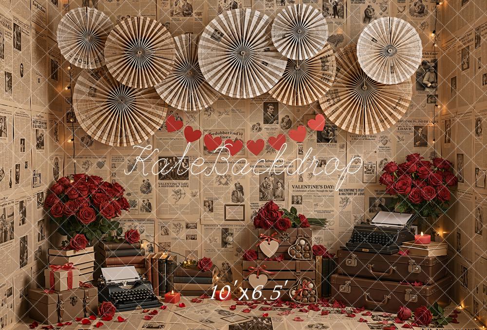 Kate Valentine Newspaper Roses Typewriter Hearts Fleece Backdrop Designed by Emetselch - Image 2