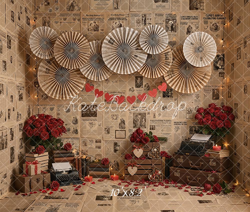 Kate Valentine Newspaper Roses Typewriter Hearts Fleece Backdrop Designed by Emetselch - Image 3