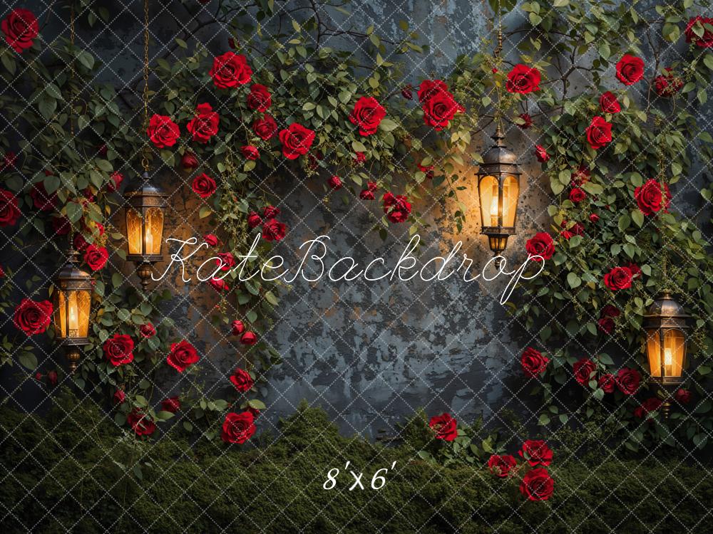 Kate Valentine Night Roses Lantern Wall Backdrop Designed by Emetselch - Image 3