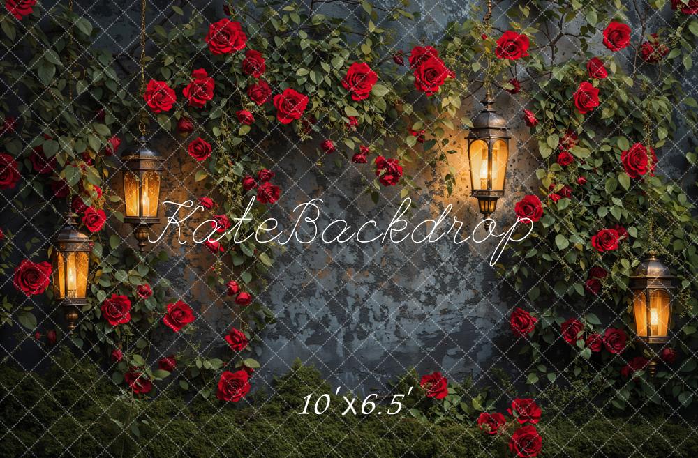 Kate Valentine Night Roses Lantern Wall Backdrop Designed by Emetselch - Image 4