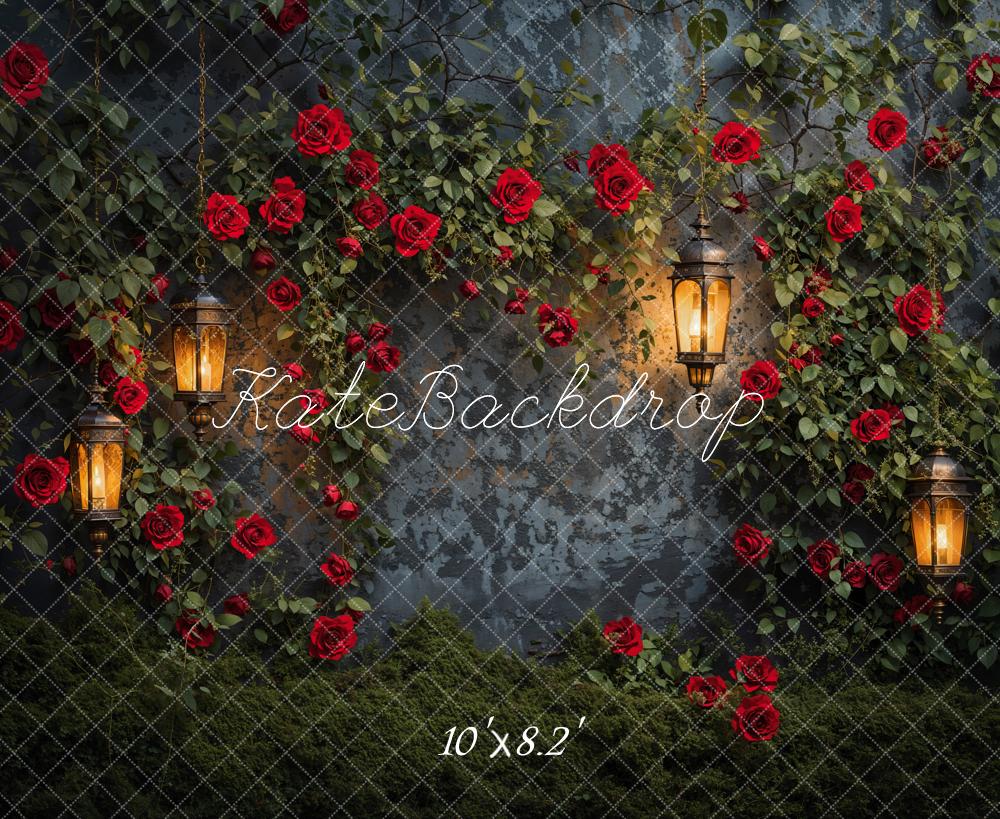 Kate Valentine Night Roses Lantern Wall Backdrop Designed by Emetselch - Image 5