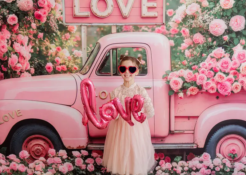 Kate Valentine Pink Truck Love Roses Backdrop Designed by Emetselch - Image 3