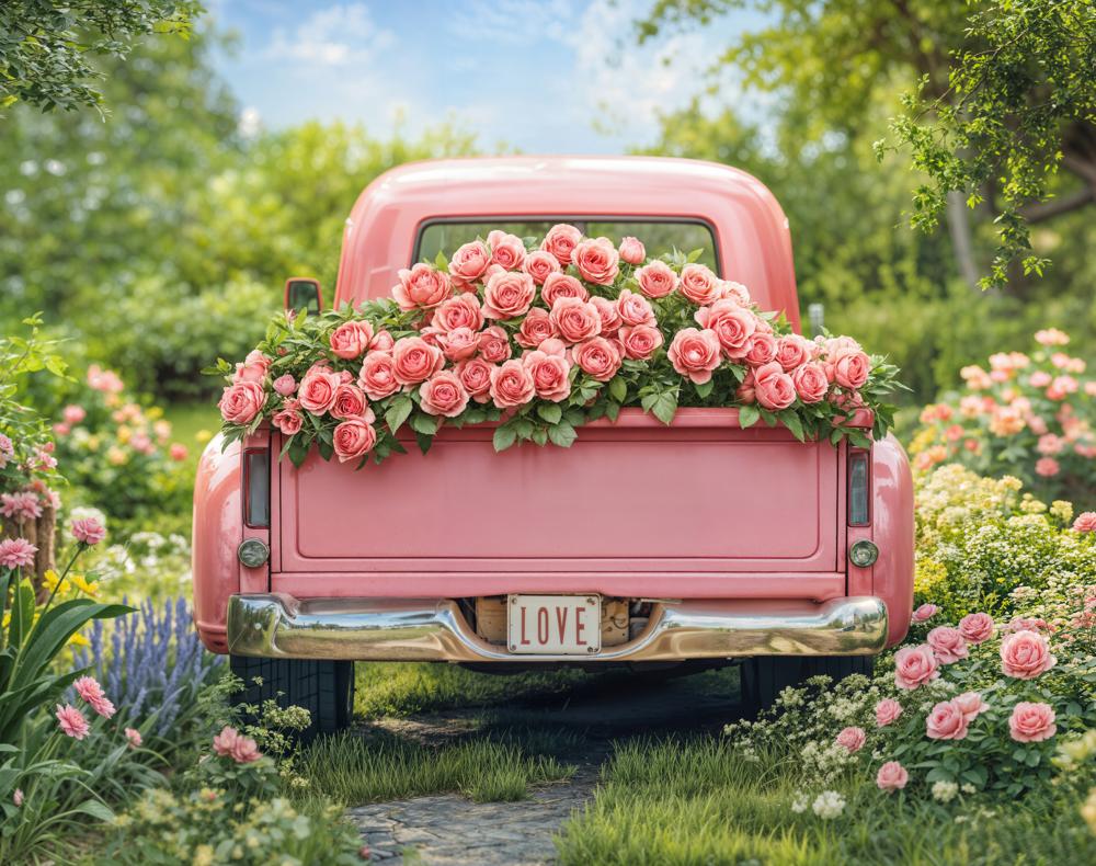 Kate Valentine Pink Truck Rose Garden Fleece Backdrop Designed by Emetselch - Image 2