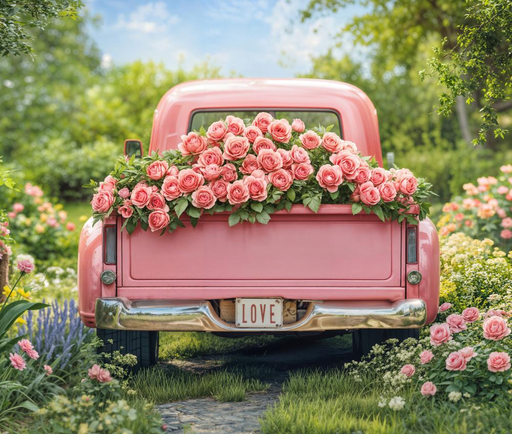 Kate Valentine Pink Truck Rose Garden Fleece Backdrop Designed by Emetselch - Image 3