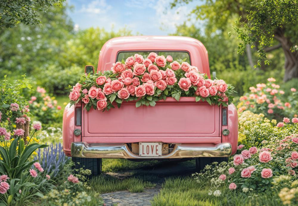 Kate Valentine Pink Truck Rose Garden Fleece Backdrop Designed by Emetselch - Image 4