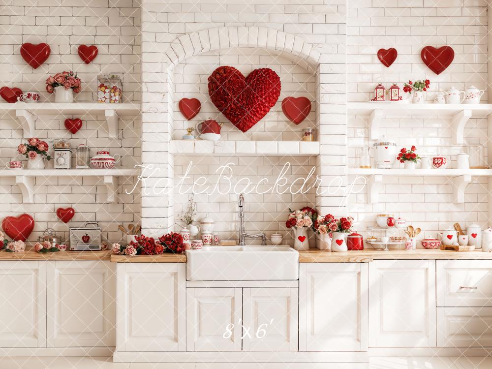 Kate Valentine Red Hearts White Kitchen Backdrop Designed by Emetselch - Image 3