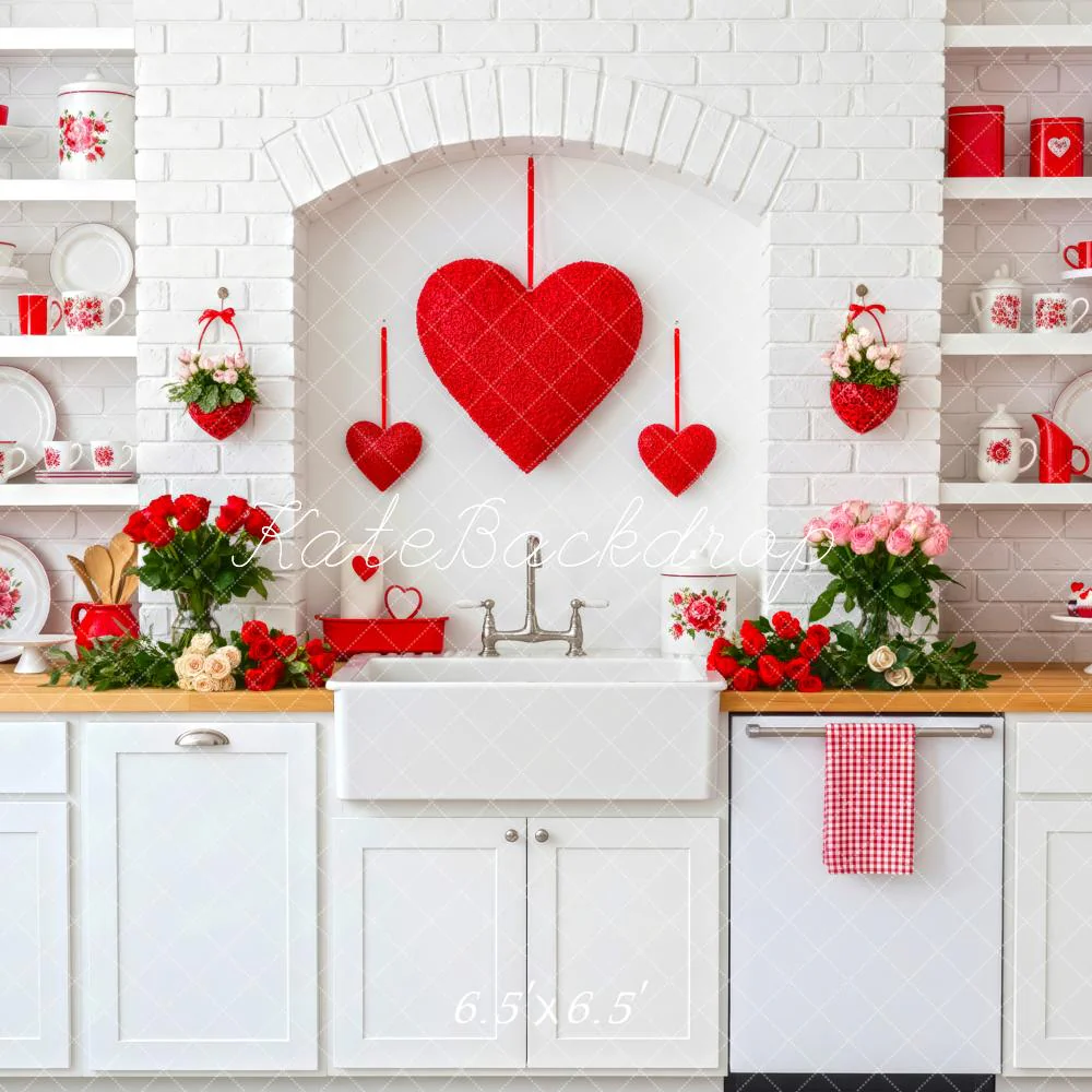 Kate Valentine Red Hearts White Kitchen Backdrop Designed by Patty Robert - Image 2