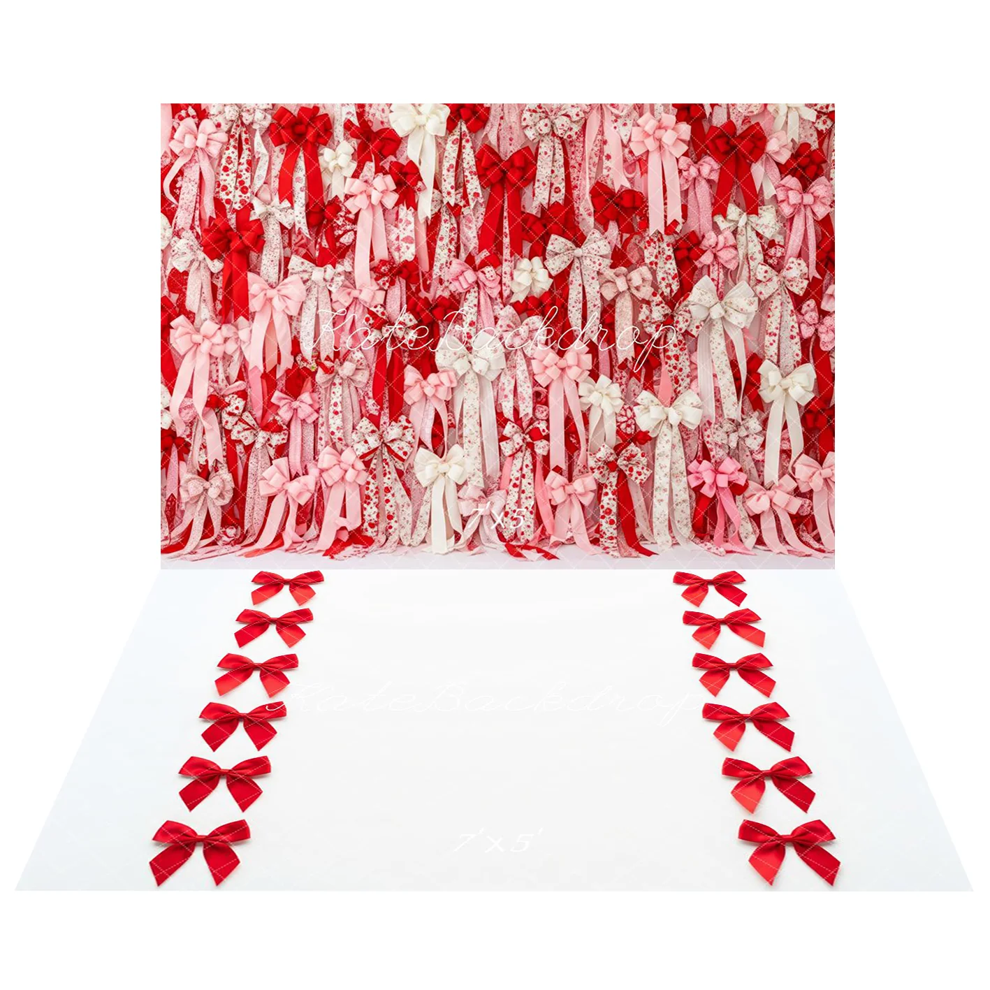 Kate Valentine Red Pink White Ribbons Bows Backdrop+Red Bows White Floor Backdrop - Image 2