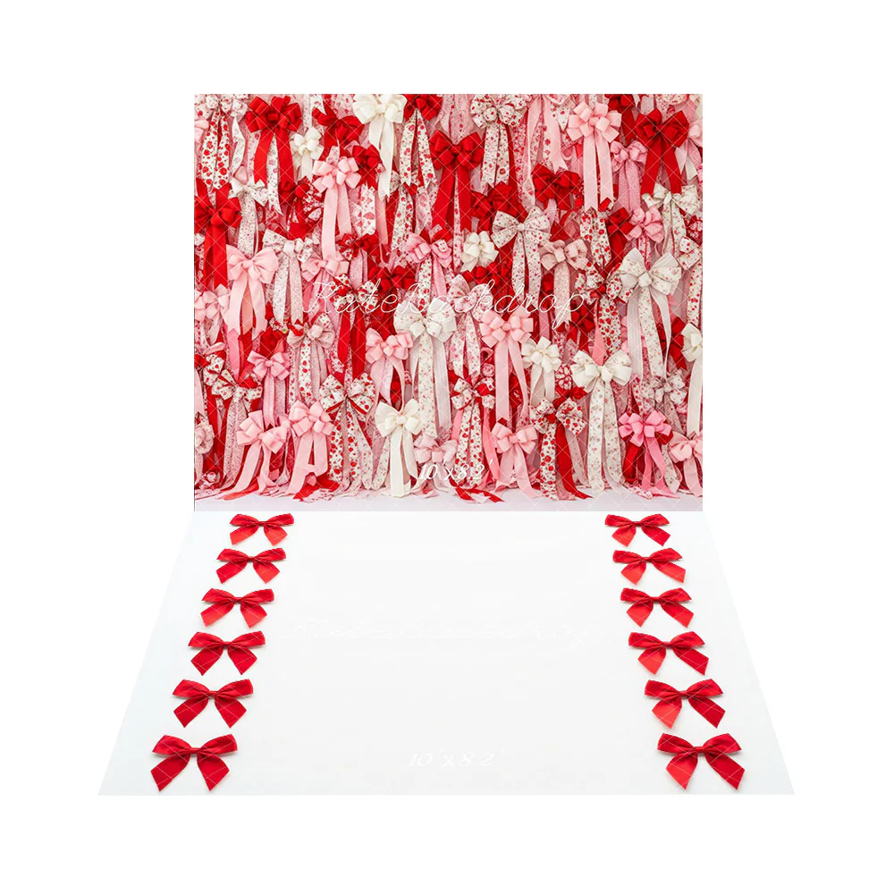 Kate Valentine Red Pink White Ribbons Bows Backdrop+Red Bows White Floor Backdrop - Image 3