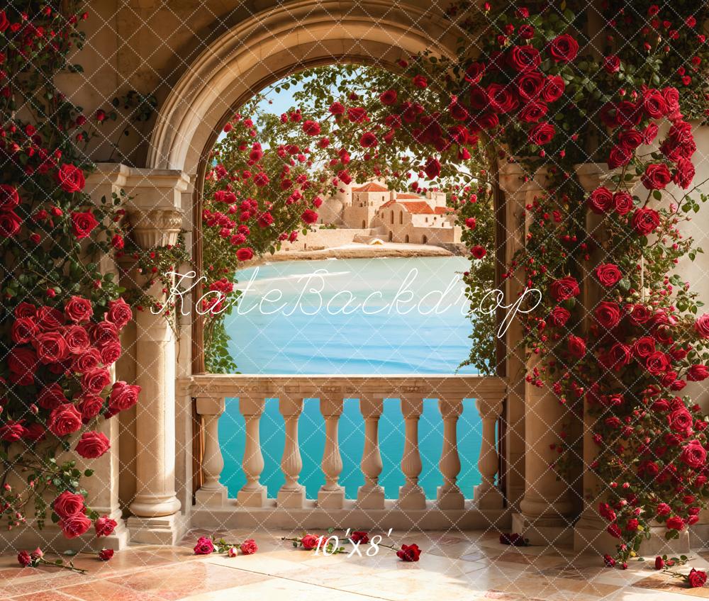 Kate Valentine Roses Arch Balcony Lake Fleece Backdrop Designed by Emetselch - Image 3