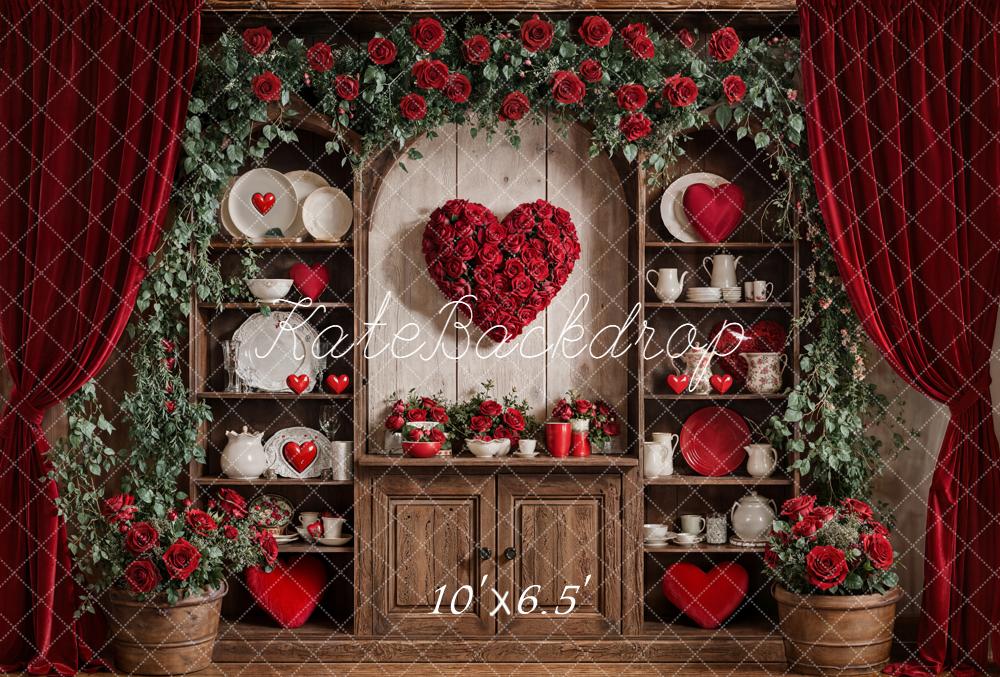 Kate Valentine Roses Heart Shelves Red Curtains Fleece Backdrop Designed by Emetselch - Image 2