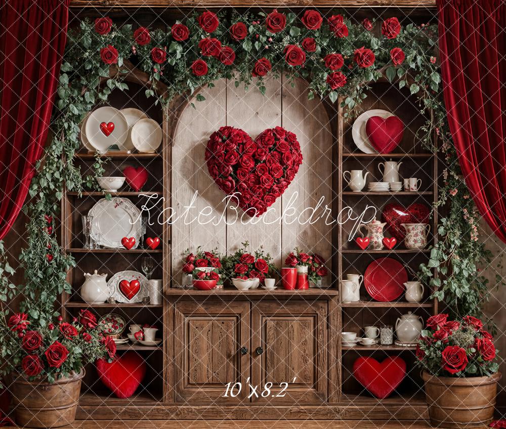 Kate Valentine Roses Heart Shelves Red Curtains Fleece Backdrop Designed by Emetselch - Image 3
