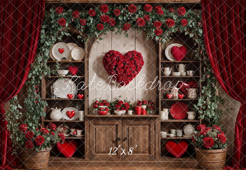 Kate Valentine Roses Heart Shelves Red Curtains Fleece Backdrop Designed by Emetselch - Image 4
