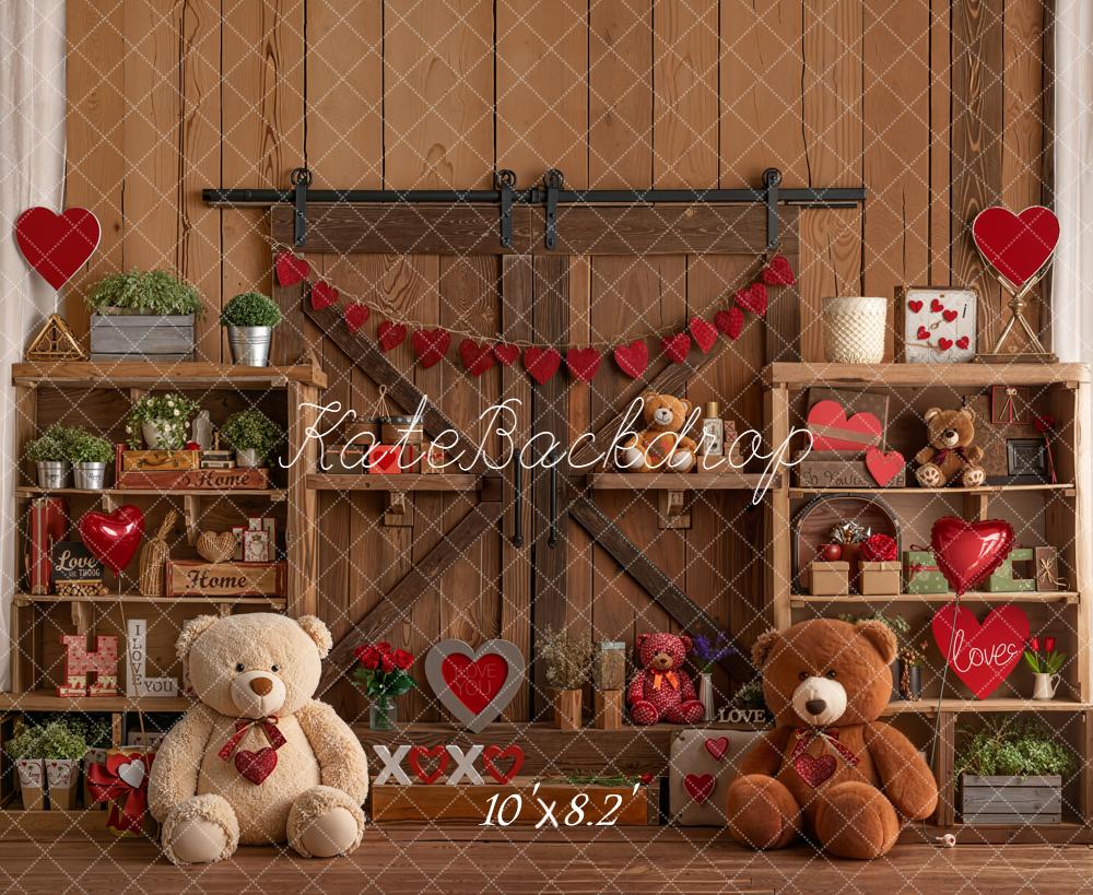 Kate Valentine Teddy Bears Wooden Shelves Fleece Backdrop Designed by Emetselch - Image 3