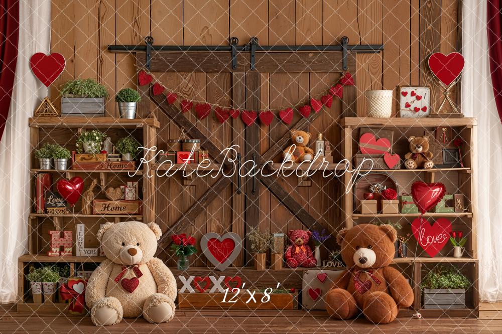 Kate Valentine Teddy Bears Wooden Shelves Fleece Backdrop Designed by Emetselch - Image 4