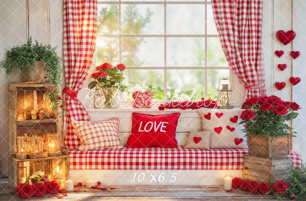 Kate Valentine Window Red Hearts Roses Fleece Backdrop Designed by Emetselch - Image 2